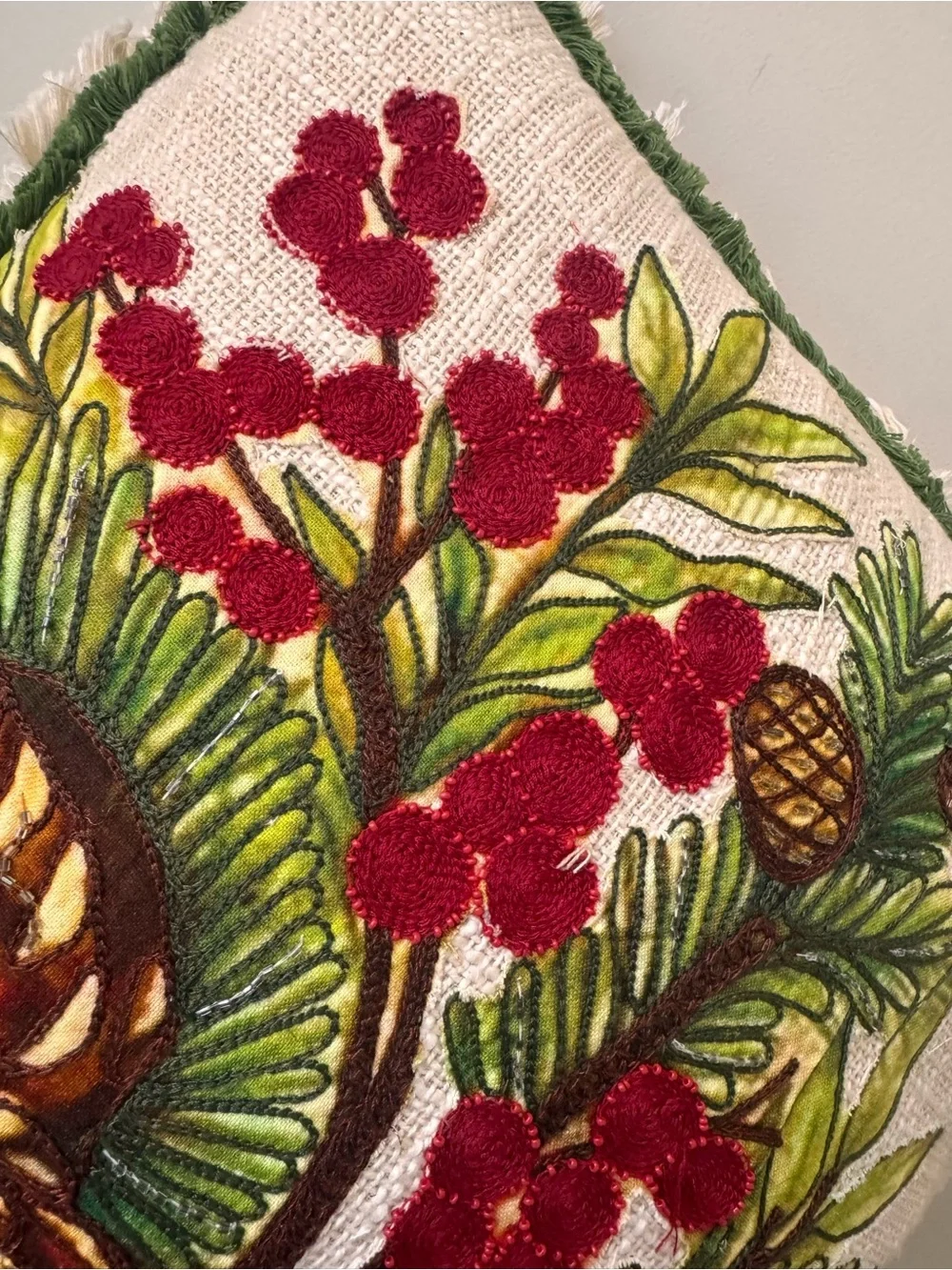 Imperial Collection 20x20 Throw Pillow Pinecones Berries Applique Fringe