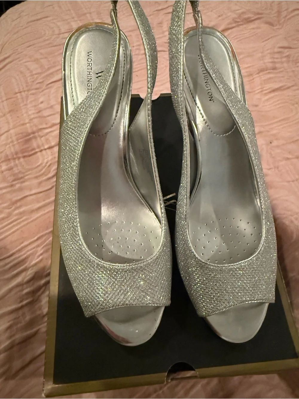 Worthington Silver Glitter Slingback Peep Toe Heels
