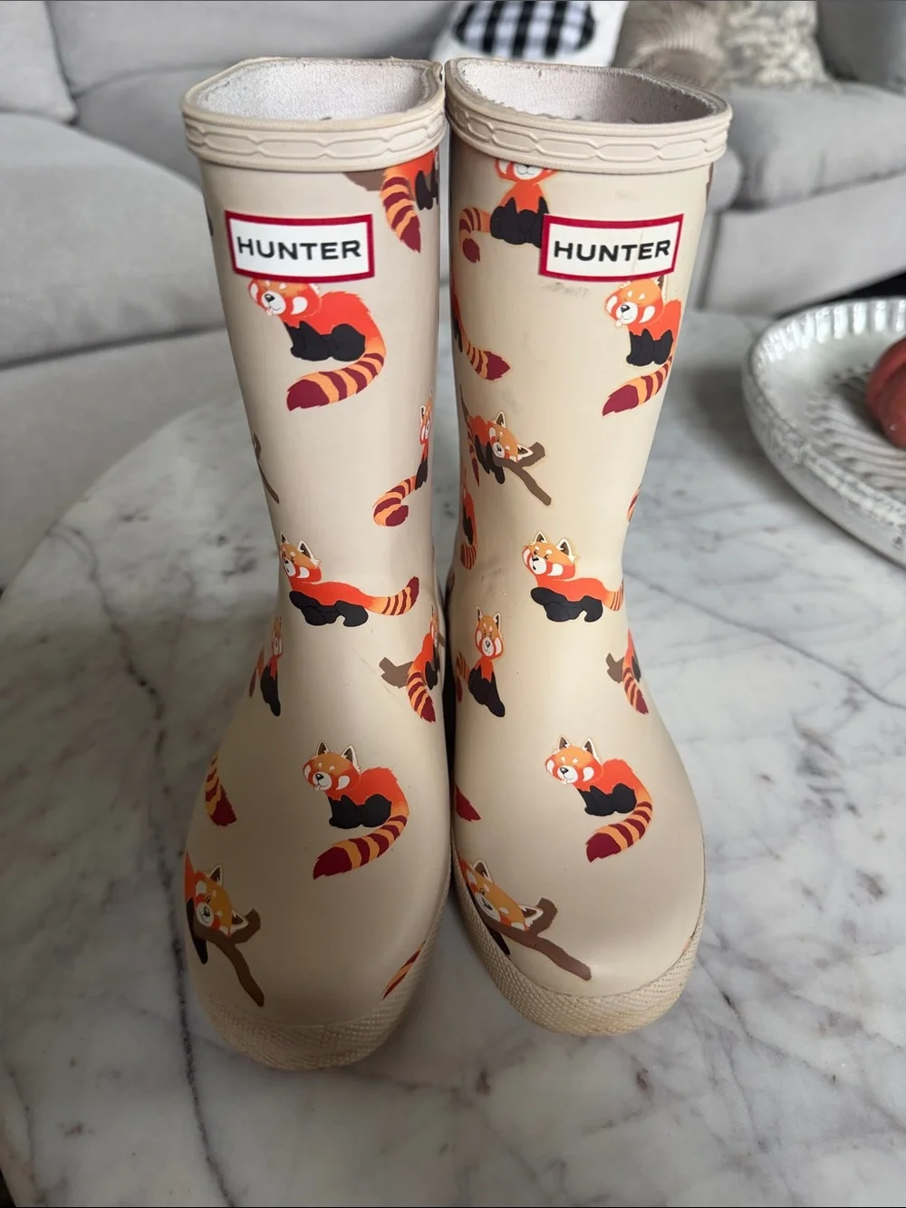 Hunter Kids Beige Rain Boots with Red Panda Print 13B/1G Unisex RARE PRINT
