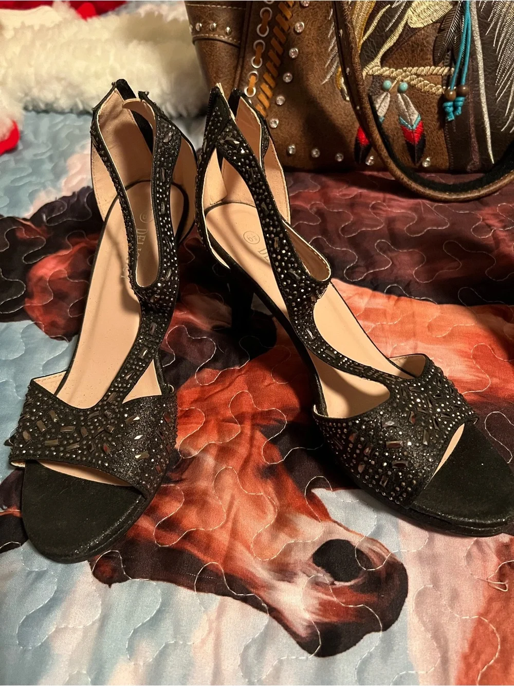 Delicious Black Satin Rhinestone-Strap Heels