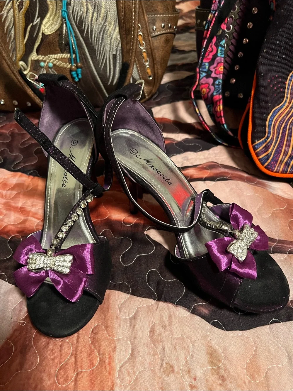 Delicious Black Satin Rhinestone-Strap Heels