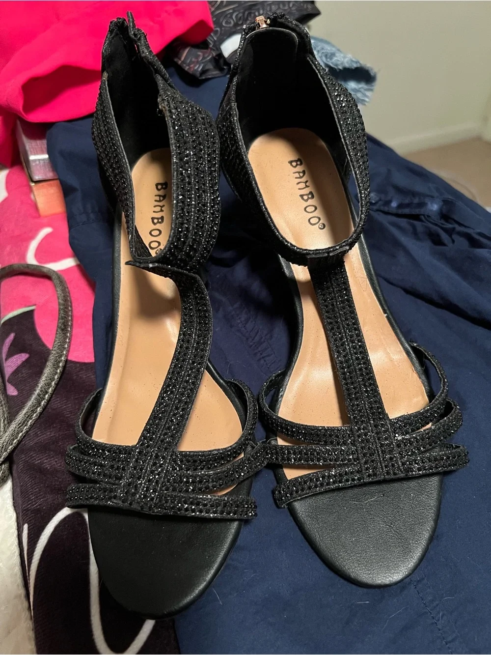 Delicious Black Satin Rhinestone-Strap Heels