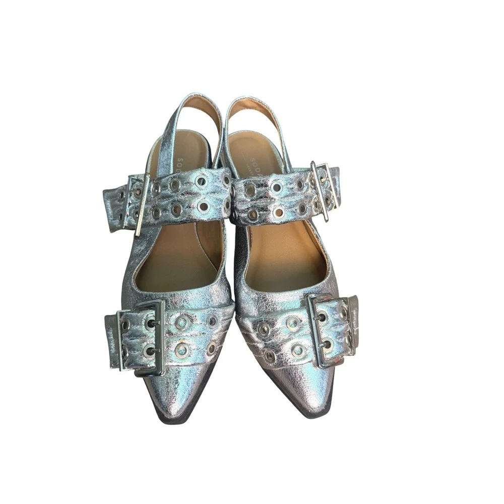 Womens Y2K Chunky Buckle Ballet Flats Size 8 Ballerina Slingback Metallic Silver