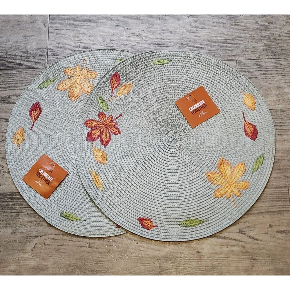 NEW 2 Set Celebrate Together Gray Embroider Fall Leaves Woven 15