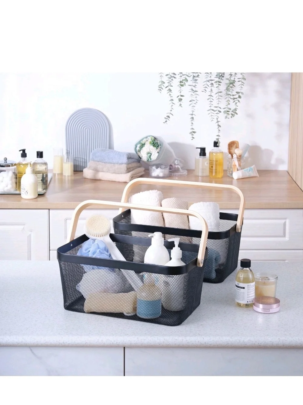 Edifice Black Mesh Wire Storage Baskets Wooden Handle 2 Pack