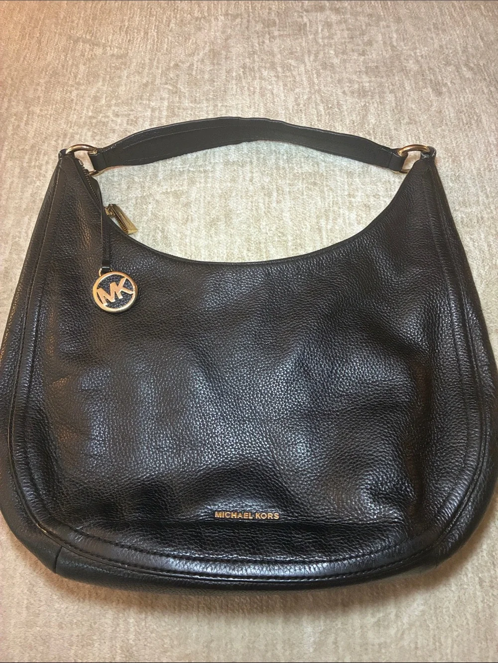 Michael Kors‎ Black Pebbled Leather Shoulder Hobo with Gold MK Charm