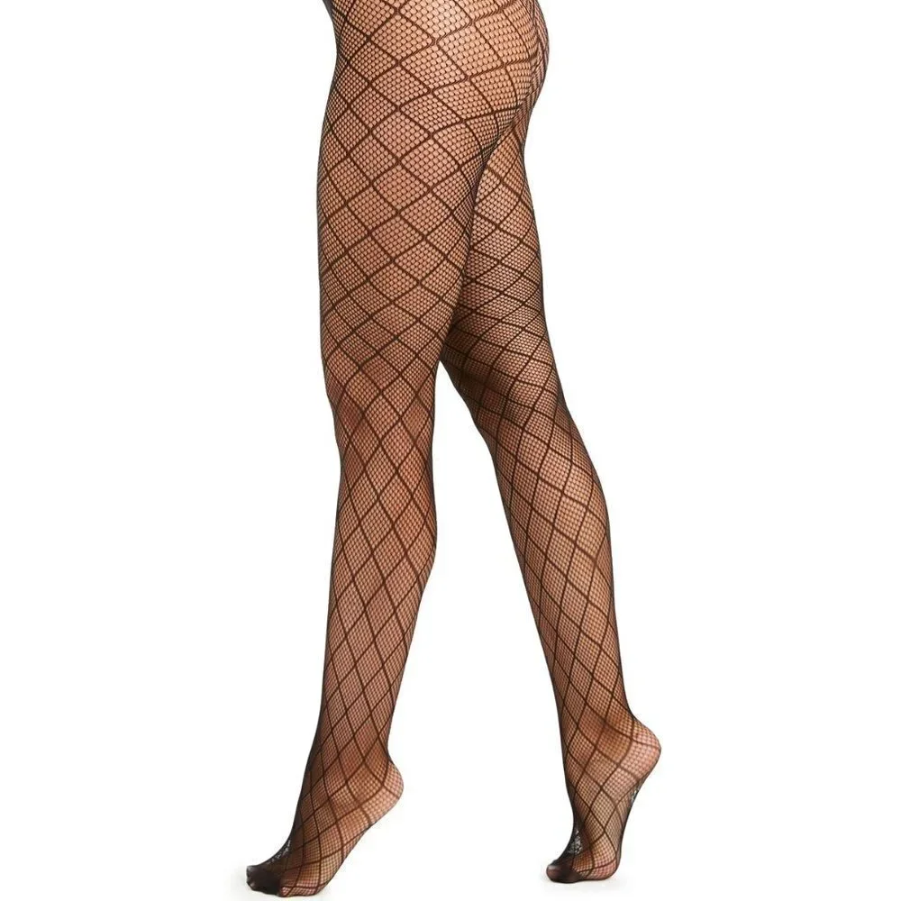 𝅺L354 I.n.c. Black Women's Diamond-Fishnet Tights
