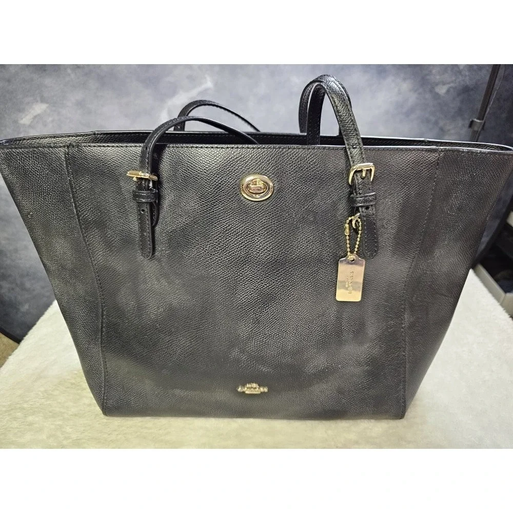 COACH Turnlock Large Tote Black Crossgrain Leather/ Gold Hardware Laptop WorkBag