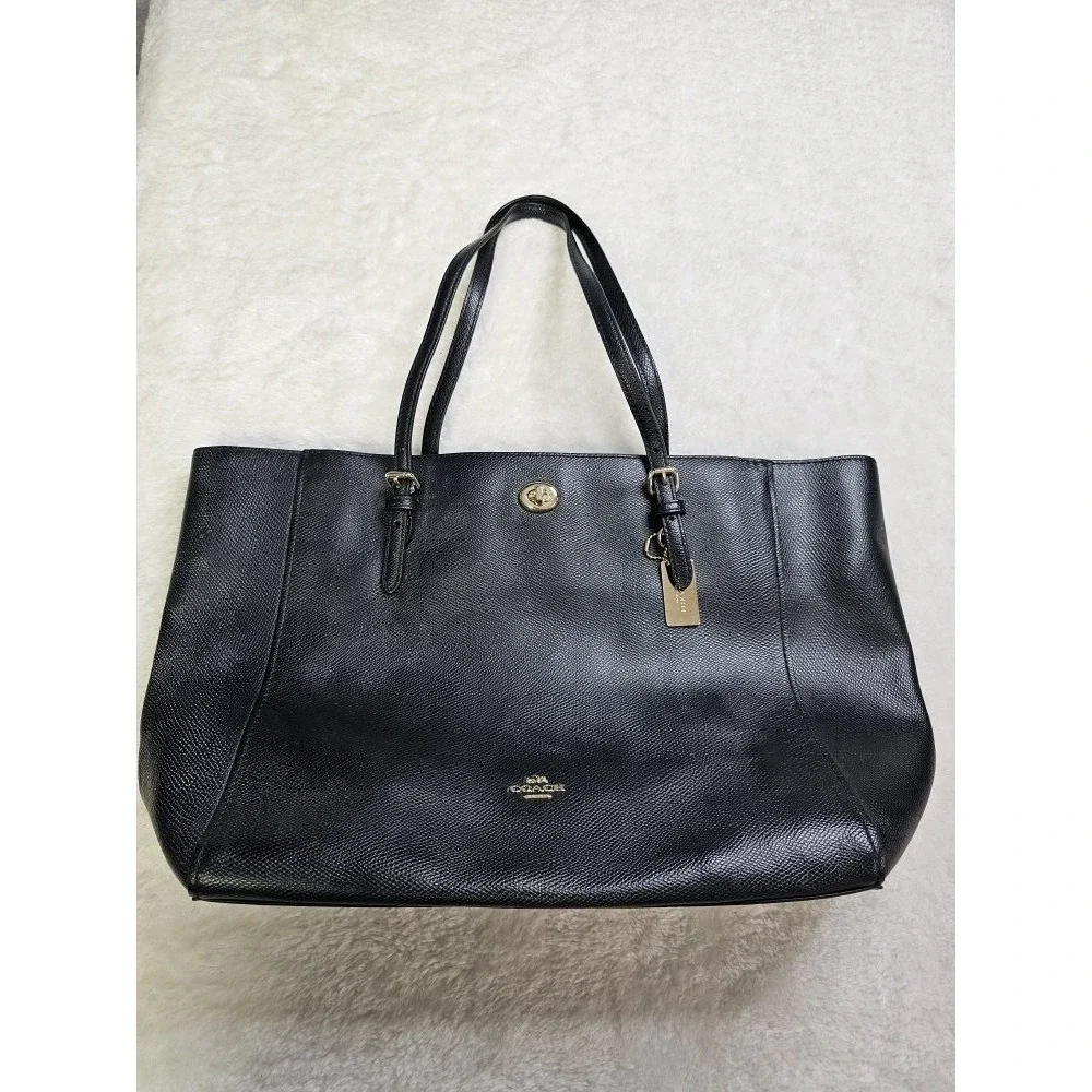 COACH Turnlock Large Tote Black Crossgrain Leather/ Gold Hardware Laptop WorkBag