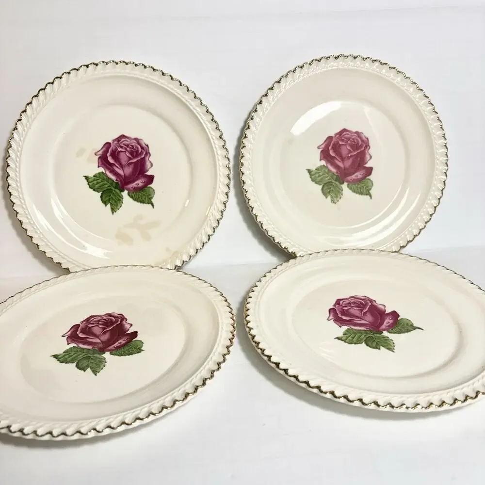 Harker Pottery Co Wild Rose Dessert Plates 22K Gold Rim Bread USA 1940s Tea 4