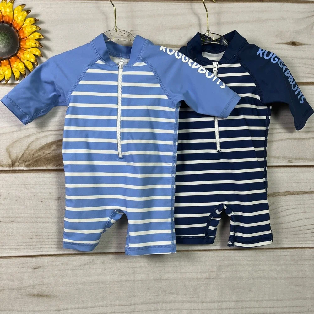 RuggedButts‎ 3-6M set 2 Baby Striped Rash Guard Swimsuit Zip Up Sunsuit Swimsuit
