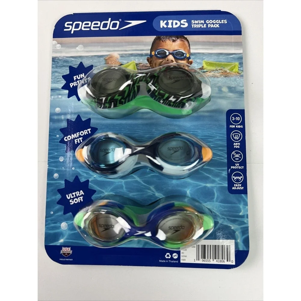 Speedo Kids Swim Goggles 3 Pack Ages 3-10 TUV Protect Easy Adjust‎ Anti Fog F30