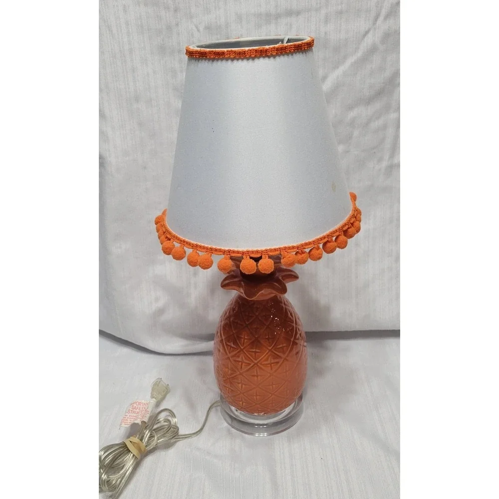 Vintage 70s Look Orange Pineapple Table Lamp with Shade Ceramic Glossy Finish