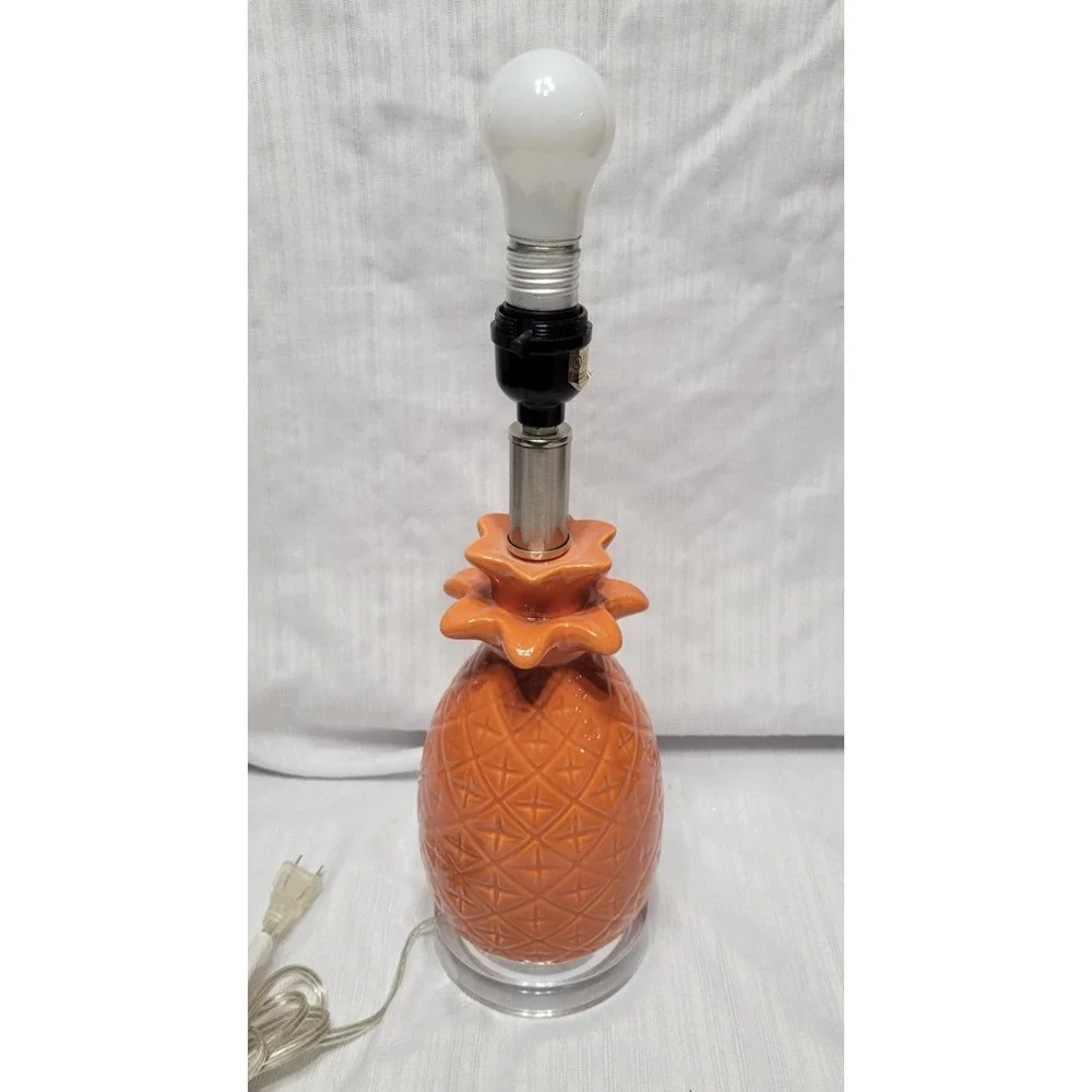 Vintage 70s Look Orange Pineapple Table Lamp with Shade Ceramic Glossy Finish
