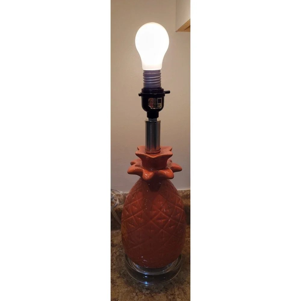 Vintage 70s Look Orange Pineapple Table Lamp with Shade Ceramic Glossy Finish
