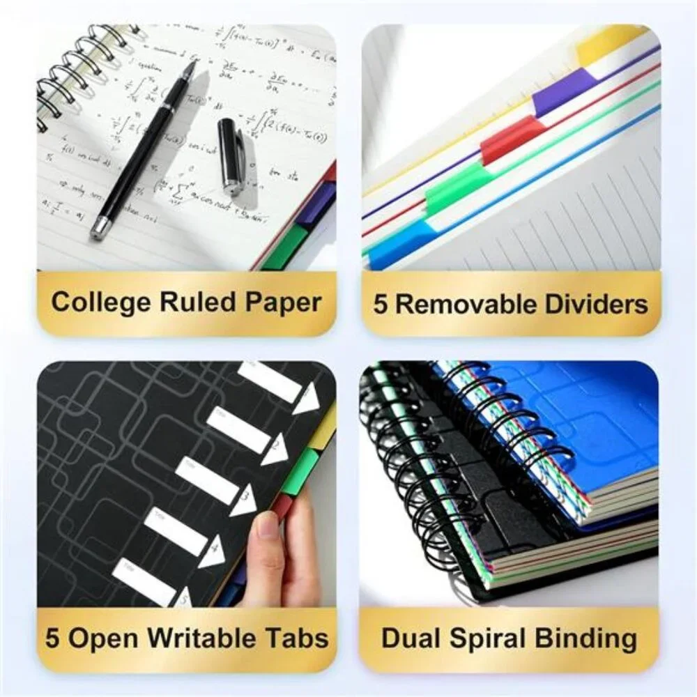 5 Subject College-Ruled Notebook, 240 Pages with Dividers, A5 Spiral, 5x7, Black
