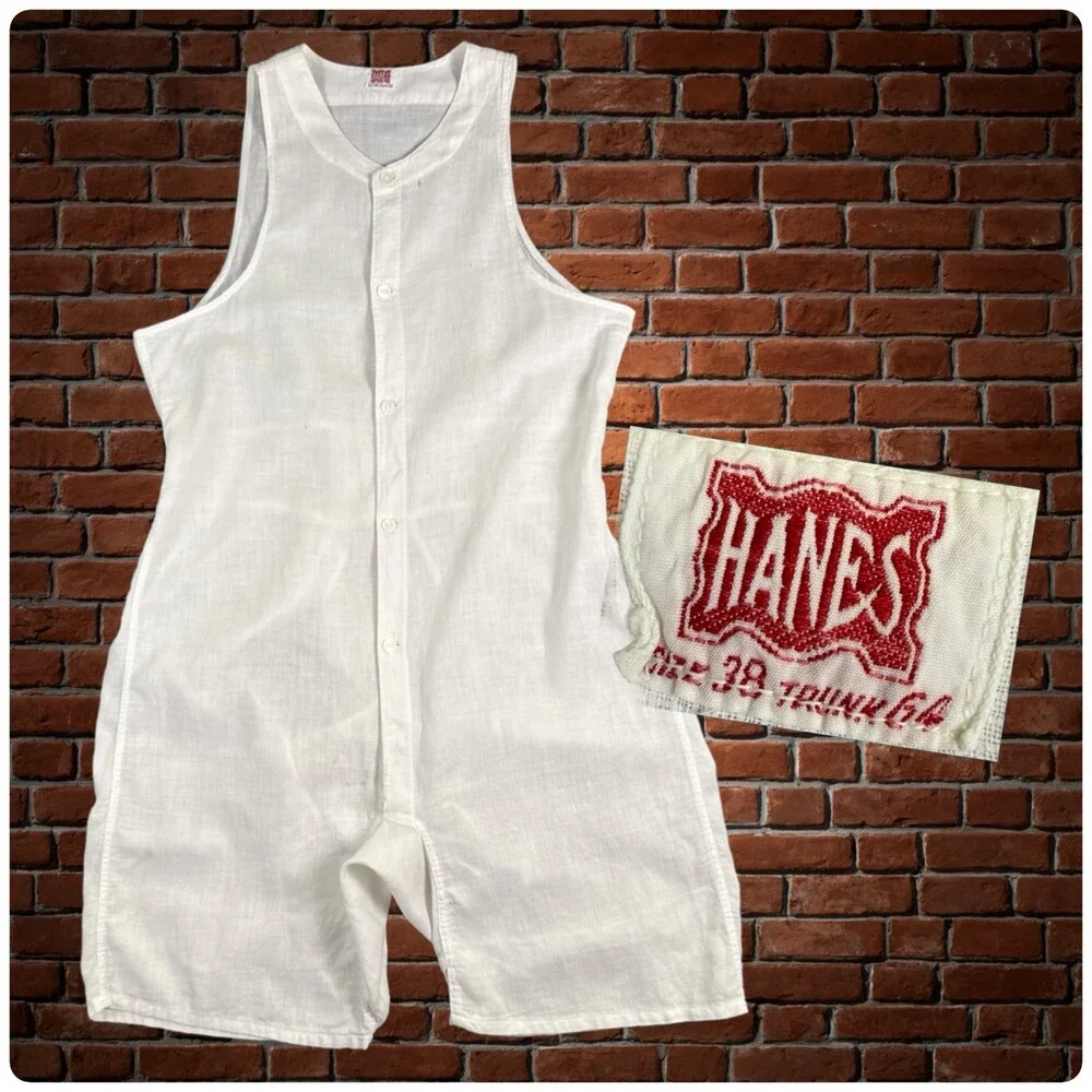 Vtg 1940s HANES Union Suit Sleeveless One Piece Button Front Woven White Size 38