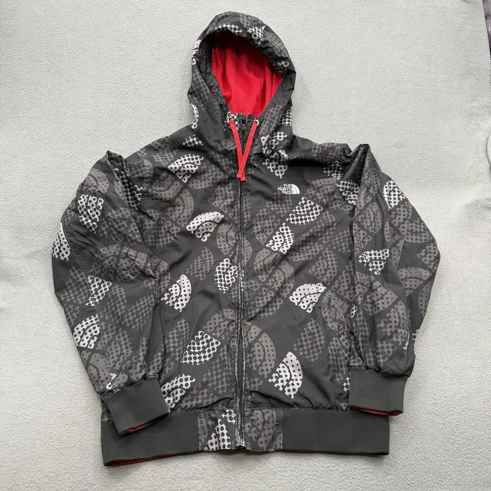The North Face Jacket Mens Medium Gray Hooded‎ Full Zip Lined Geometric Pattern