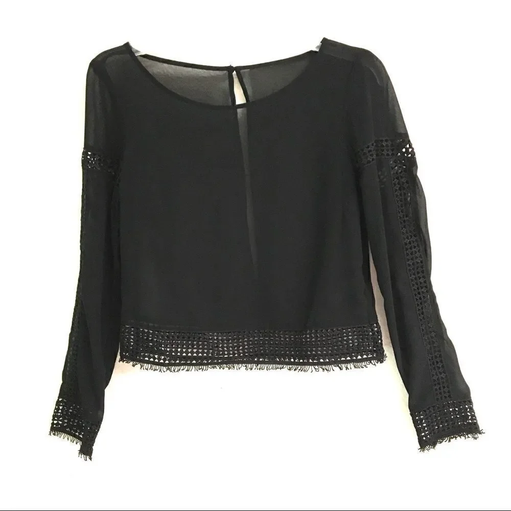 H&M black sheer lace long sleeve blouse S*‎