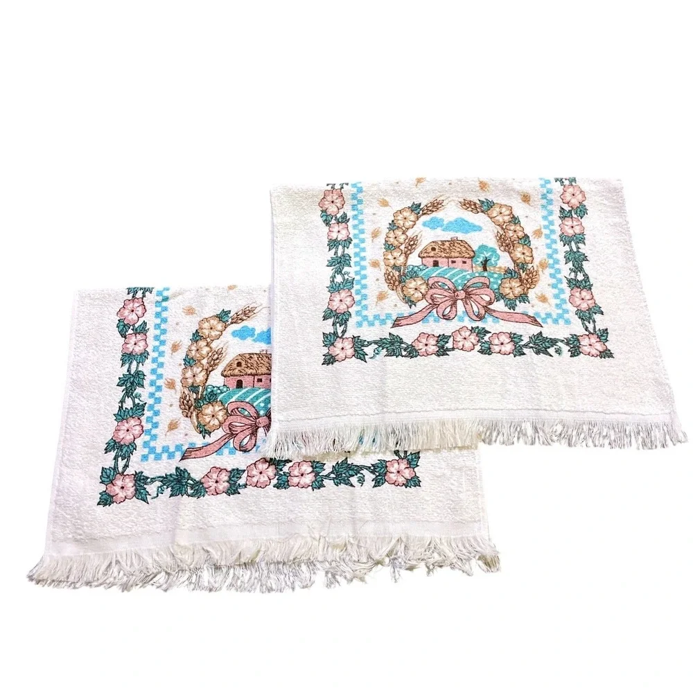 VTG CANNON Hand Kitchen‎ Towel Fringe 70s NOS Farmhouse Barn Flower Bow Wheat