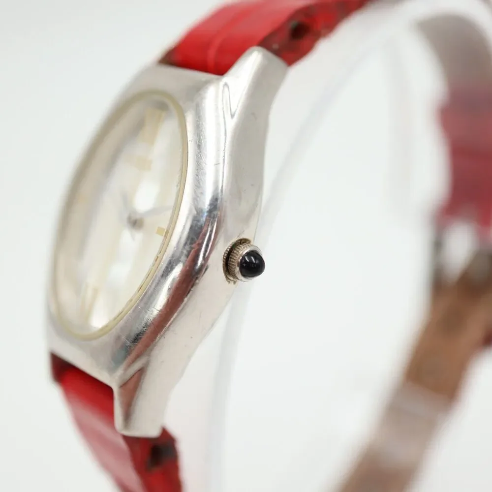 Vintage 1996 Guess Striped MOP Watch 22mm Oval Dial Red Leather w New Battery