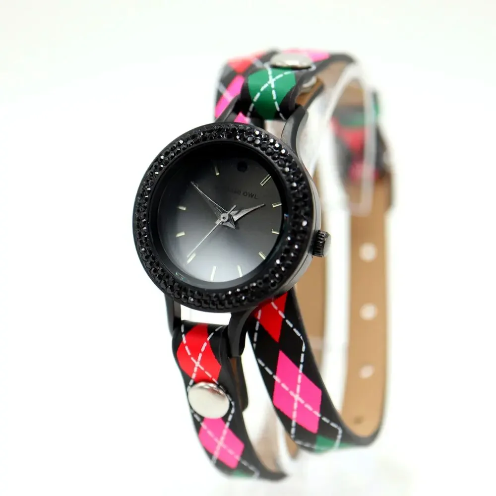 Origami Owl Womens Watch 26mm Black Dial Argyle Double Wrap Strap w New Battery