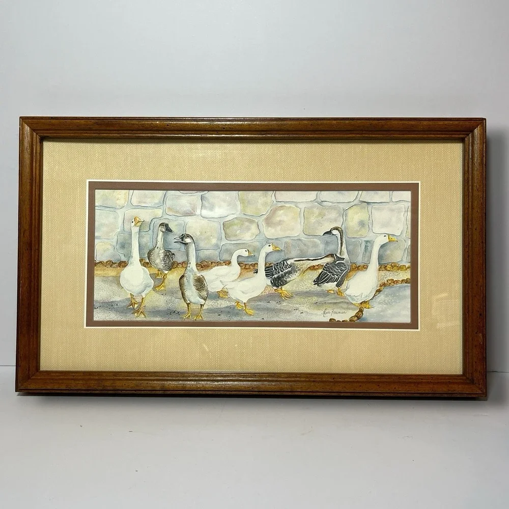 Geese Vintage Ava Freeman Watercolor Print Framed Brown Mat Wood Frame Country