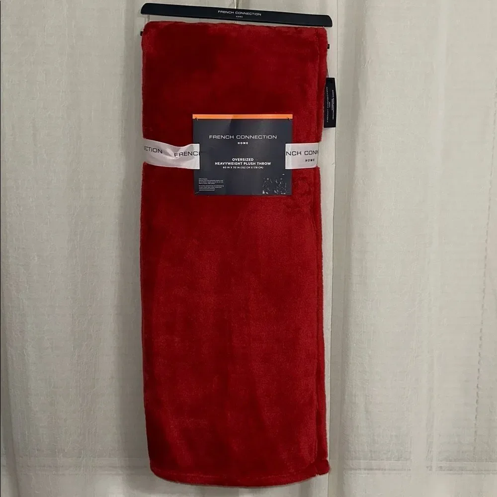 French Connection Fiery Red Plush Blanket Throw with a Hanger
