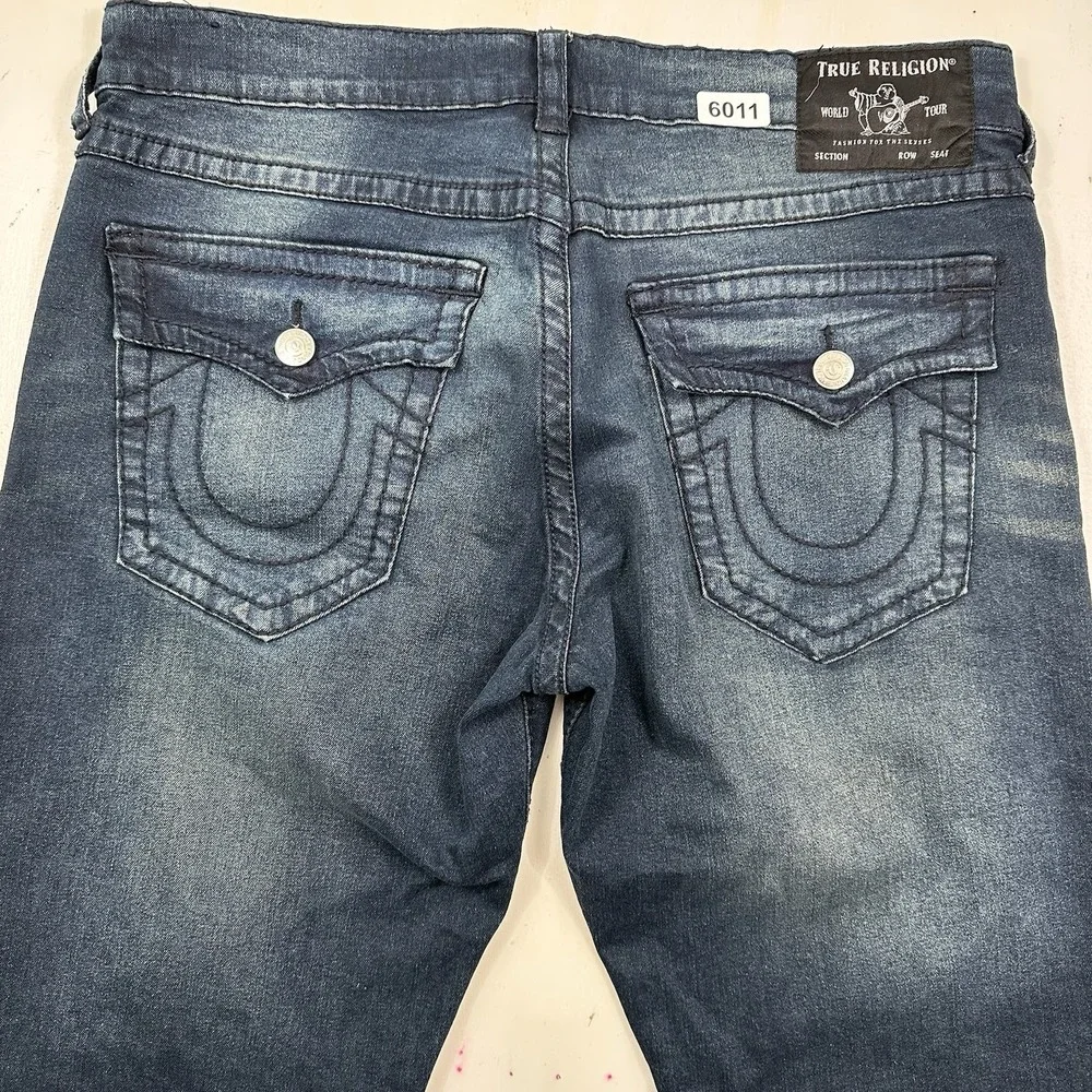True Religion Geno Jeans Mens 36x32 Relaxed Slim Blue Flap Pockets Thick Stitch