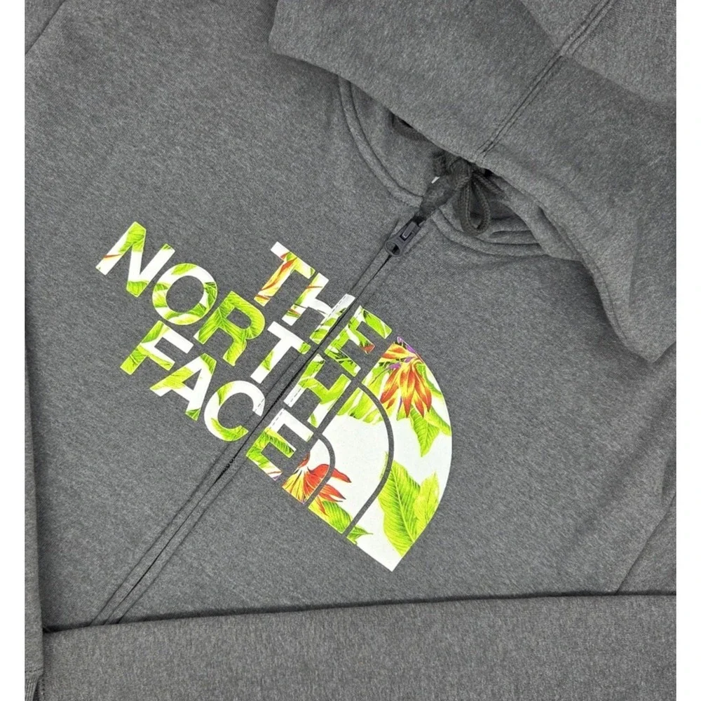 The North Face Floral Logo Full Zip Hoodie Sweatshirt Mens Size XL Gray Tropical