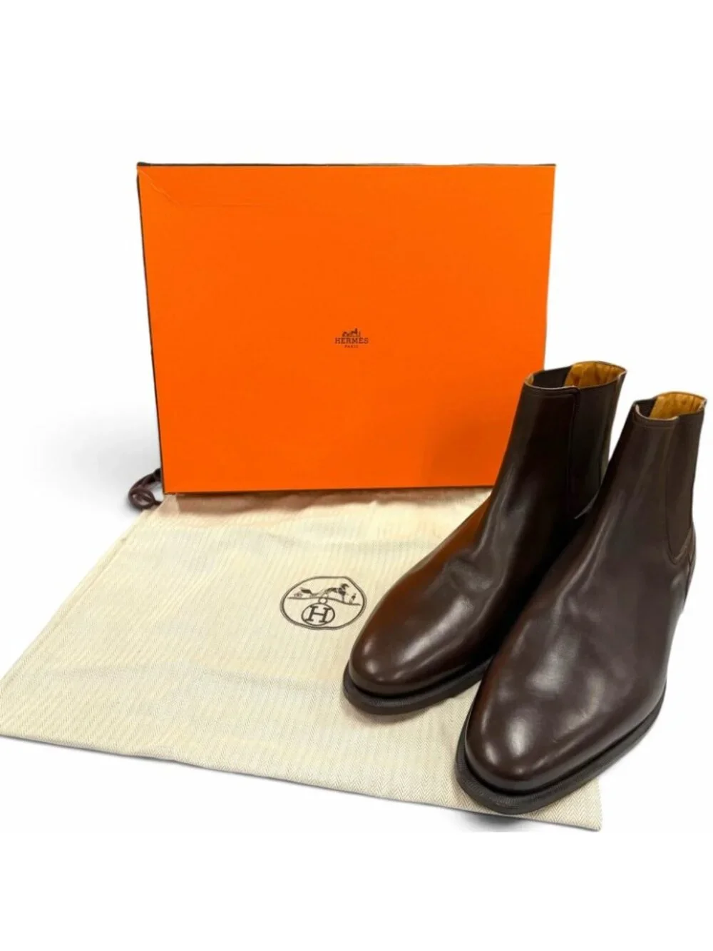 Hermes Leather Side Gore Chelsea Boots Short Dark Brown