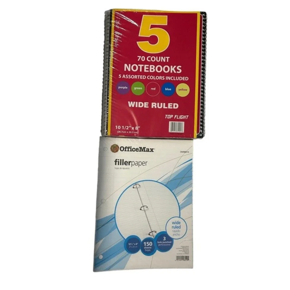 Top Flight 5 Pack Spiral Notebooks & OfficeMax 150ct Filler Paper Wide Ruled Set