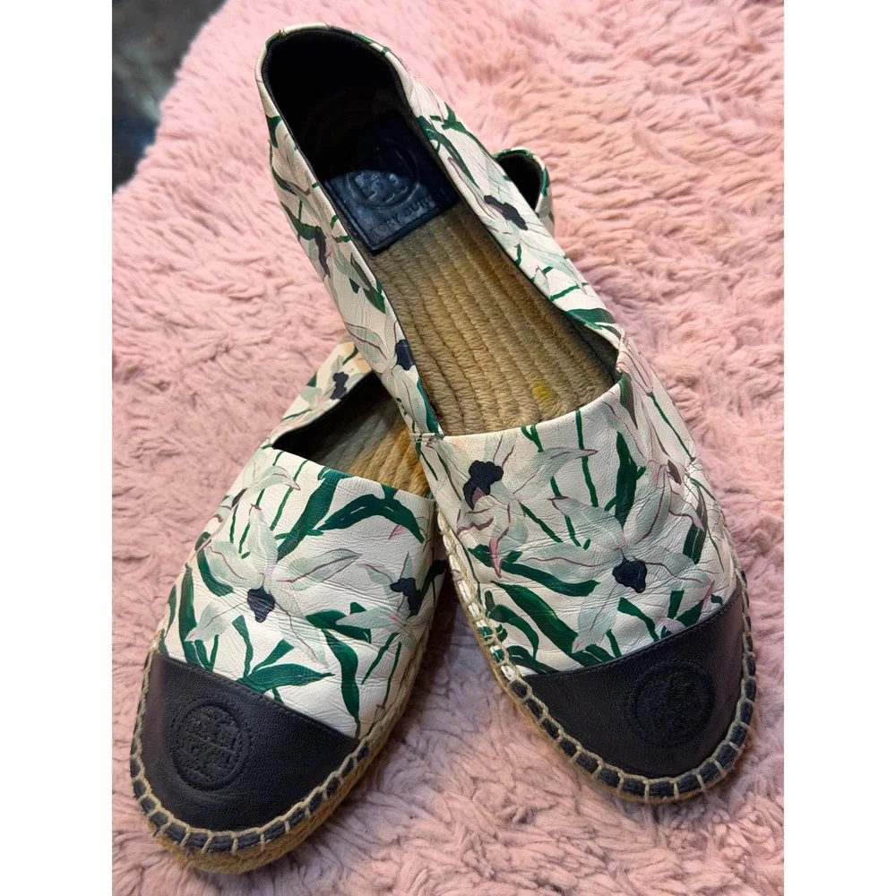 Tory Burch Floral‎ Leather Espadrilles Black Cap Toe Logo Flats Cream Green