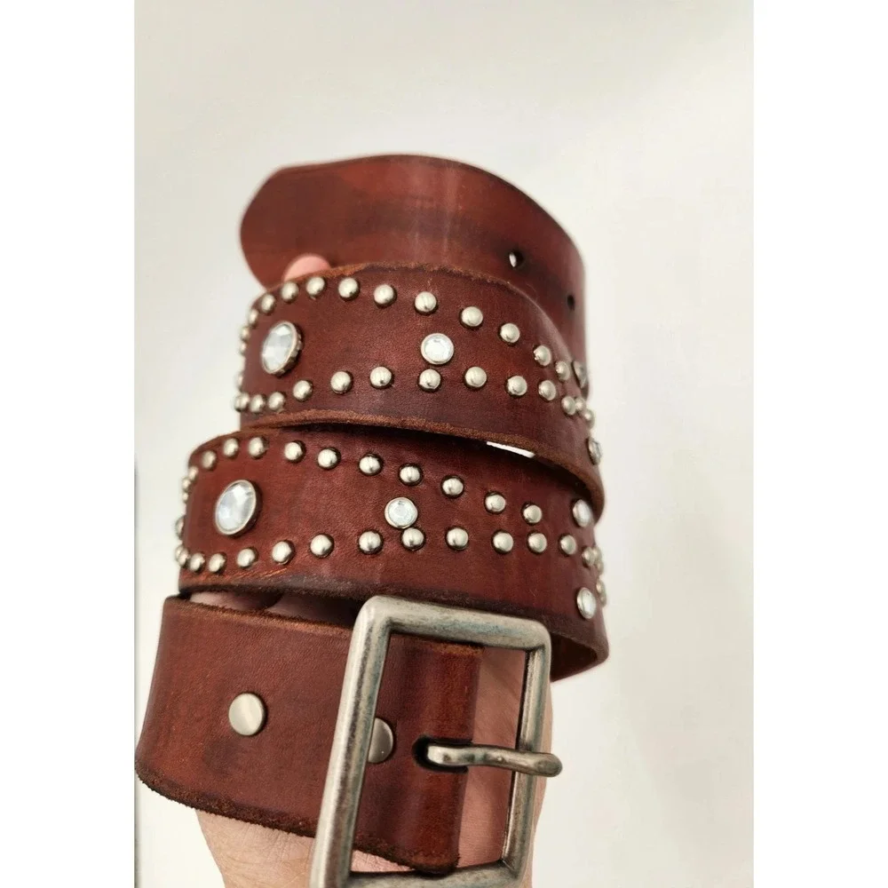 American Eagle Brown 100% Leather Belt Western Hippy Studded Womens M Rhinestone