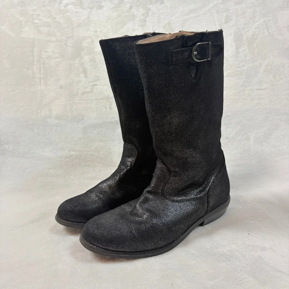 Hanna Andersson Glitter Tall Boots Kids Black Good Shimmer Biker‎ Moto Buckle