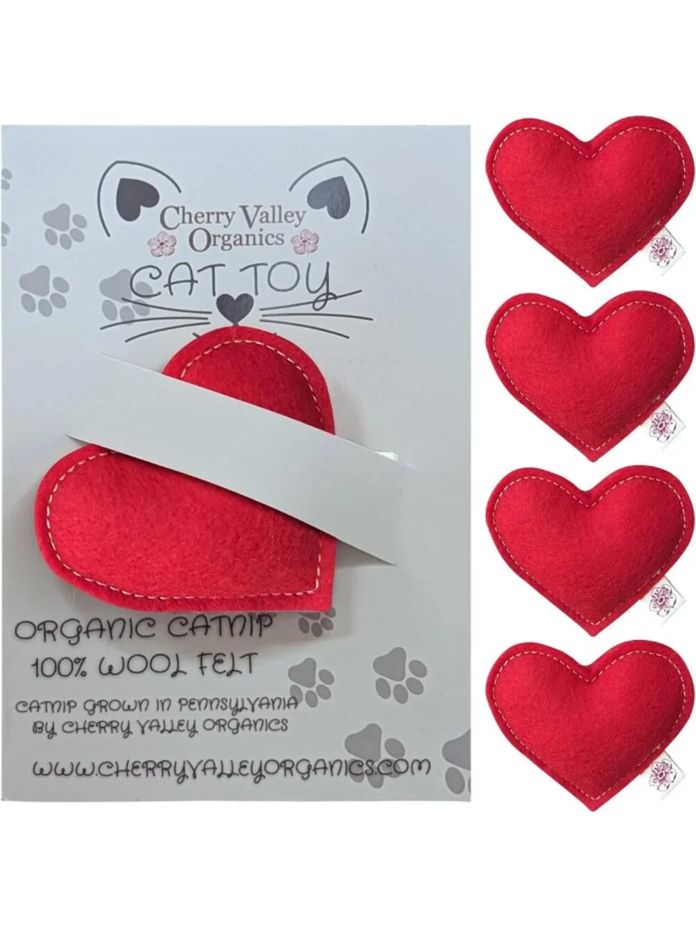 Organic Catnip Heart Toys - 100% Wool Felt, USA-Made, Red, 4 Pack for Cats