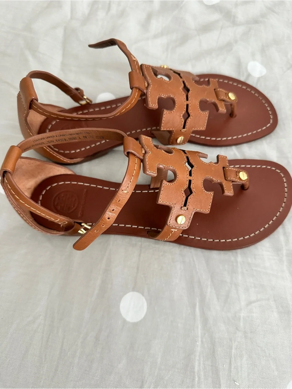 Tory Burch Cognac Leather Logo T-Strap Sandals