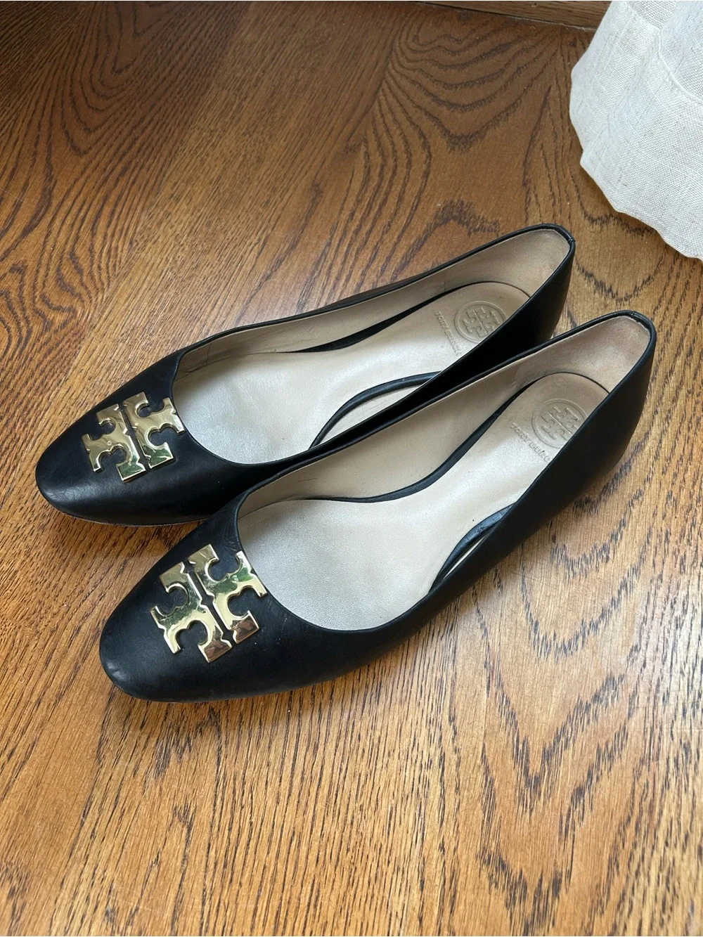 Tory Burch Black Leather Logo Flats with Gold Emblem