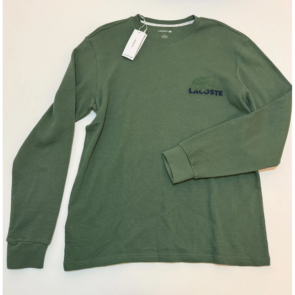 Lacoste Mens Waffle Knit Sleepwear Top Long Sleeve Green Crewneck Size M NWT