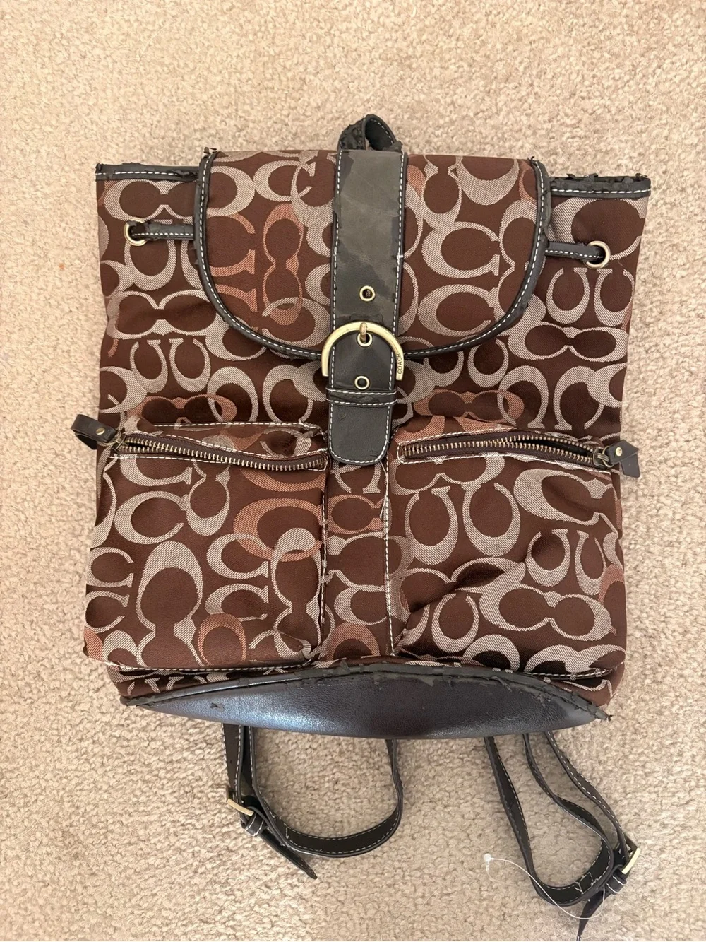 Coach Brown Signature Logo Backpack with Gold-Tone Buckle