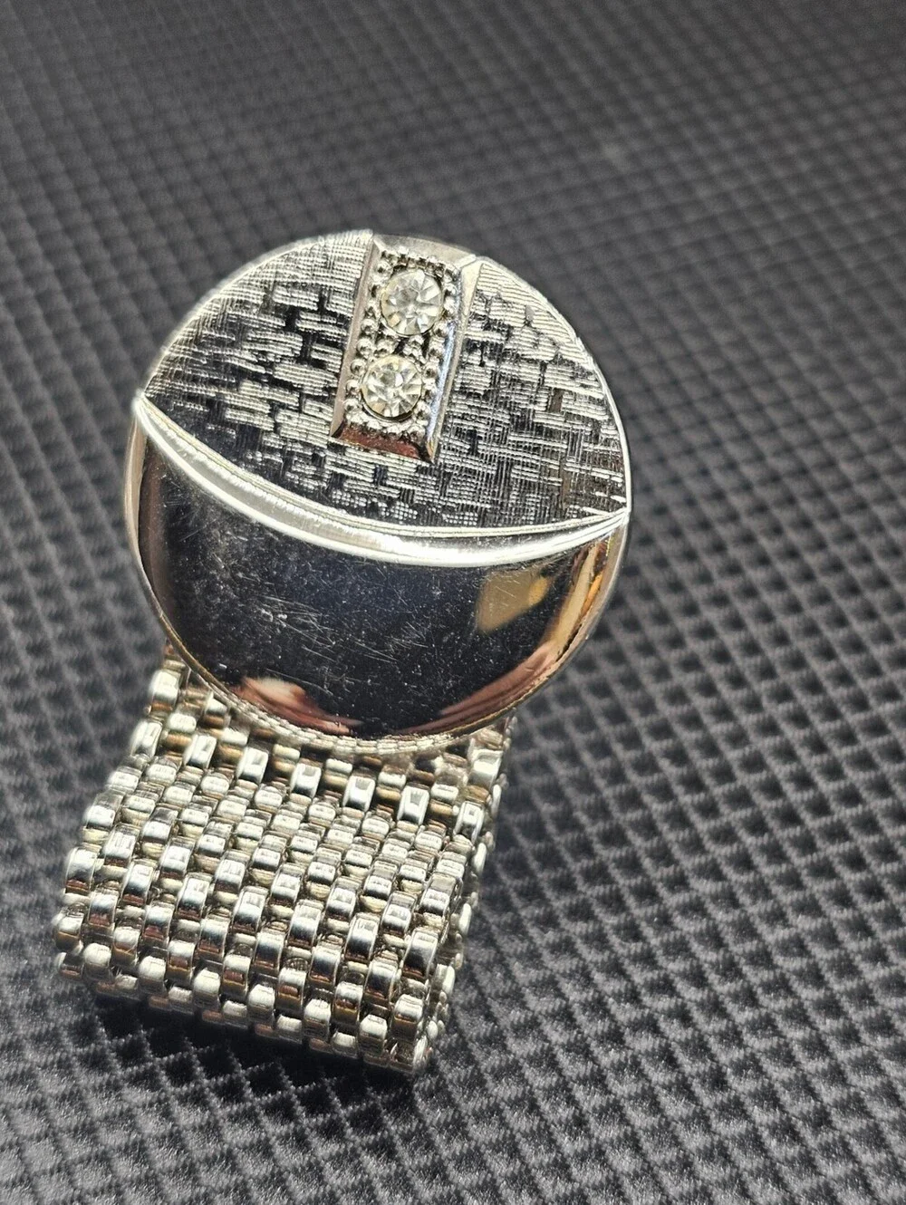 Vintage Silver Tone Cufflinks with Rhinestone Accents and Mesh Detailing