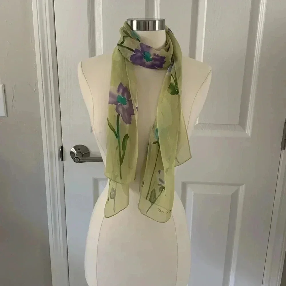 Echo silk scarf lime, green with blue and purple floral print