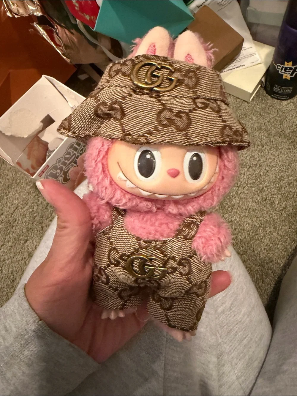 Gucci Pink Plush Doll with Logo-Patterned Hat & Overalls
