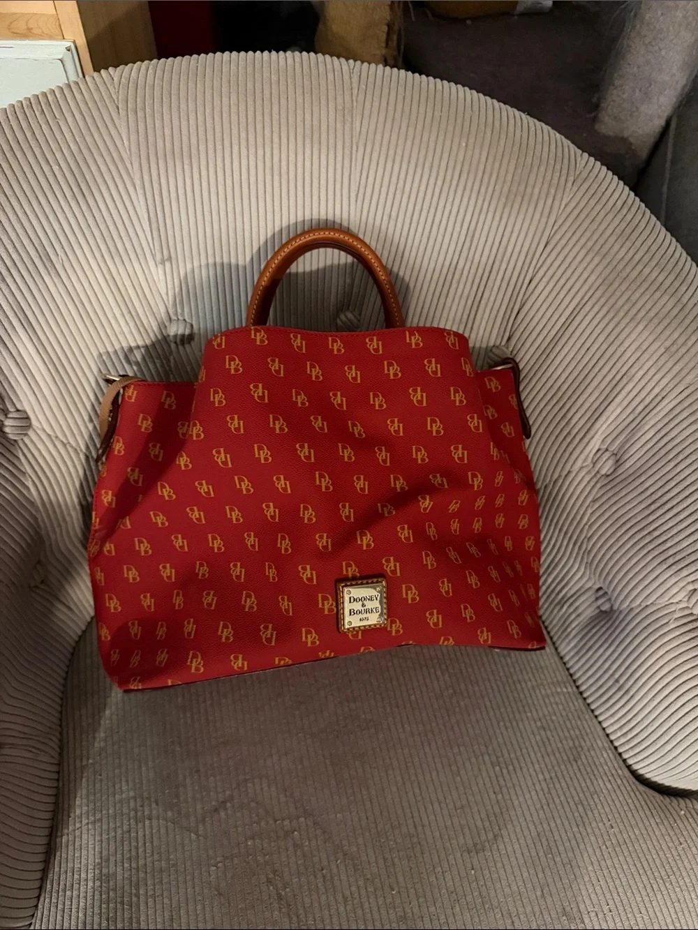 Dooney & Bourke Red Satchel with Tan Handles and Gold Plaque