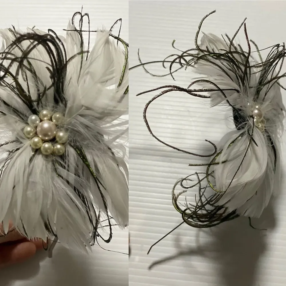 White Fascinator headband pearl feathers hair accessory wedding dance event