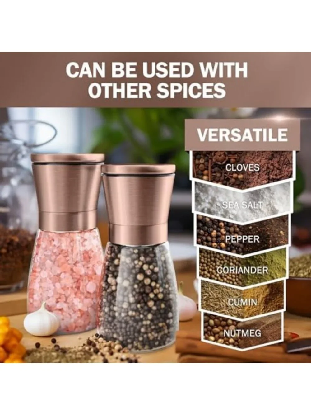 Adjustable Copper Salt and Pepper Grinder Set - Ceramic Mill with Funnel & Ebook