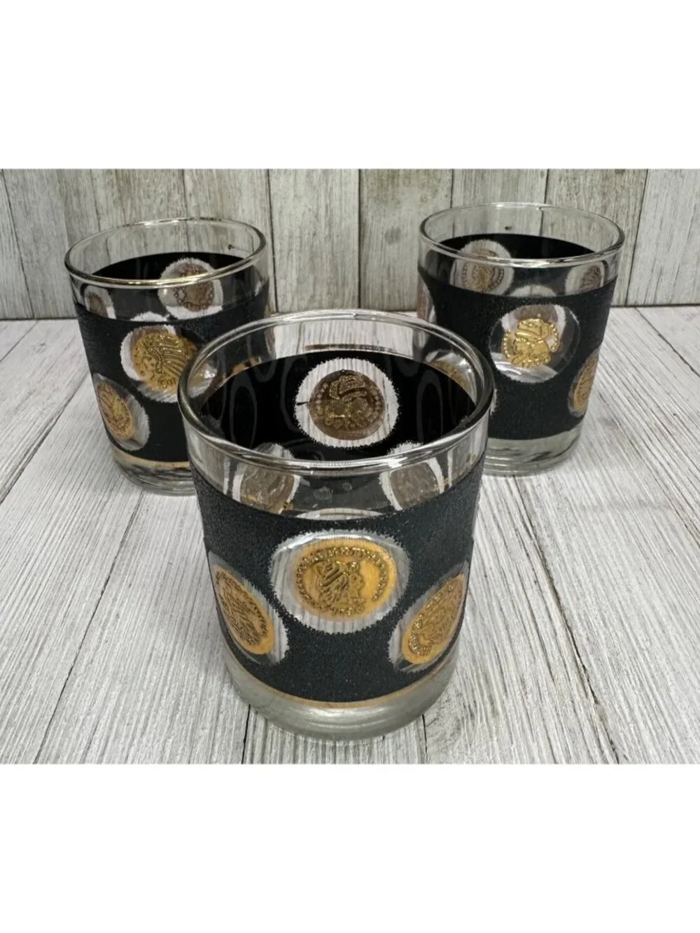 Vtg Libbey Gold Coin Lowball Whiskey Glasses Old Fashion Barware 3.5