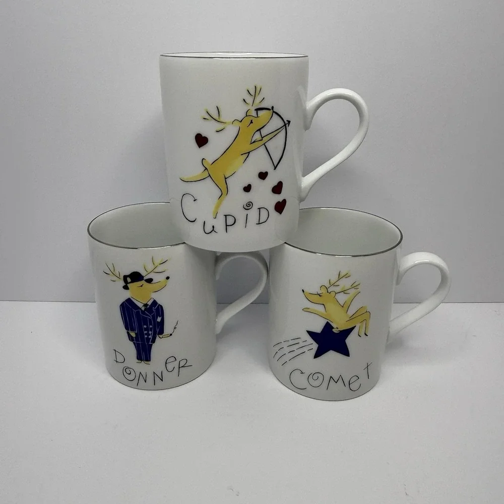 Pottery Barn Reindeer Mugs 12 Oz Silver Trim Lot‎ Of 3 Donner Comet Cupid