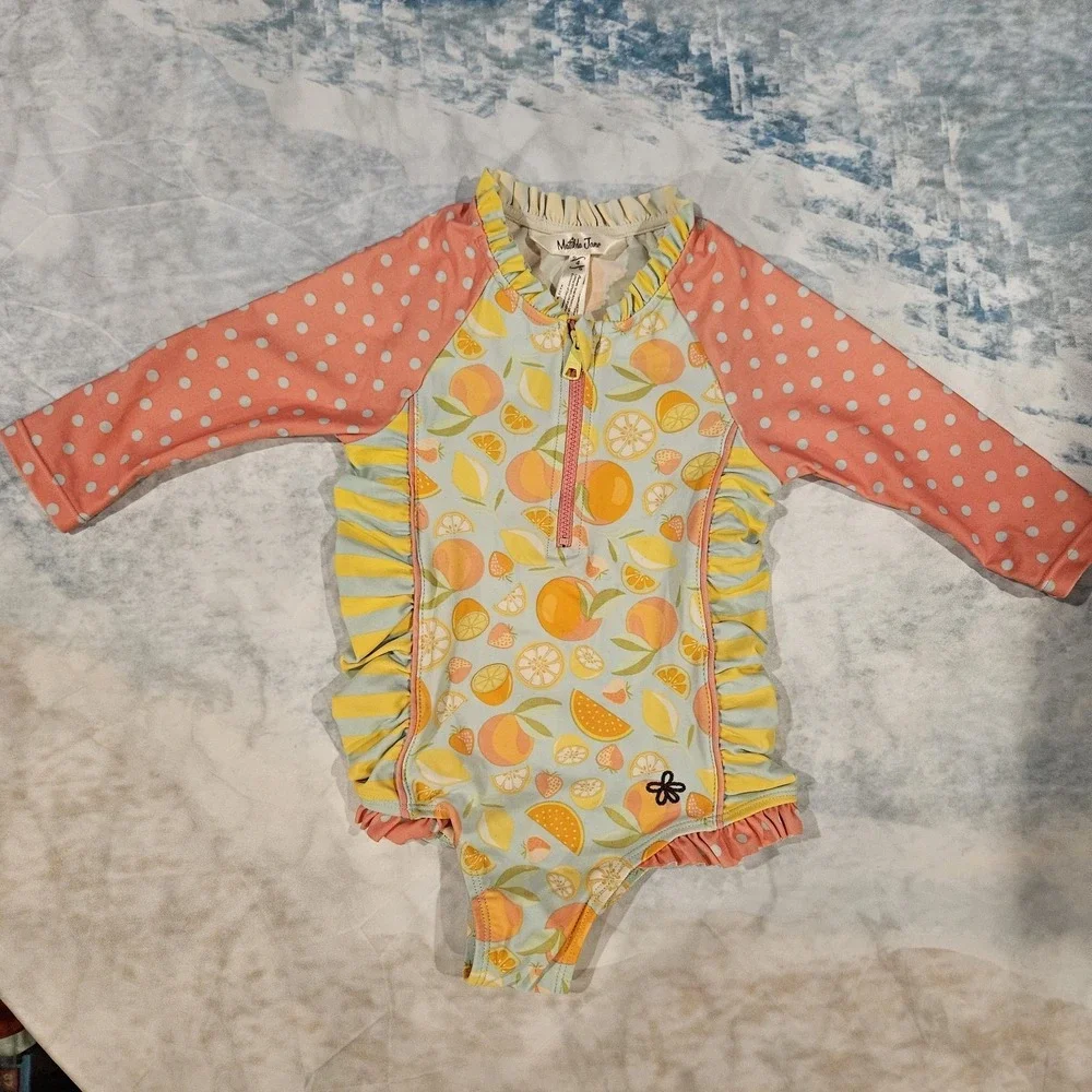 Matilda Jane Girls Rash‎ Guard Swimsuit Size 4 Citrus Print Long Sleeve EUC
