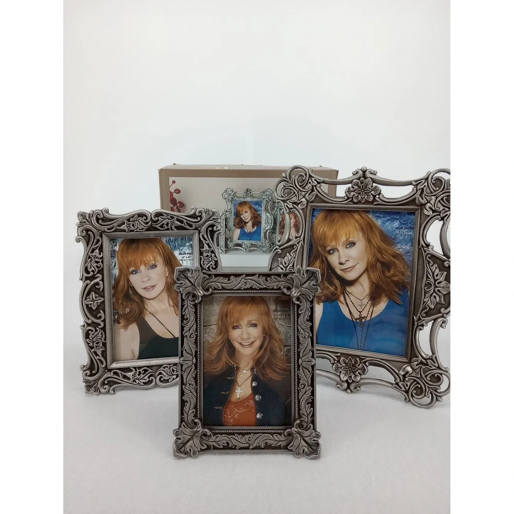 Reba Photo Frames Set of 3 Silver Ornate Scroll Floral Pewter Finish with Box